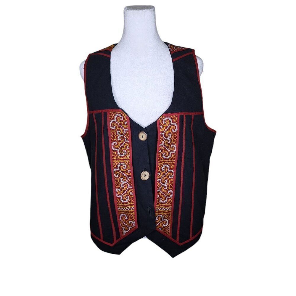 Vintage Bolivian Vest Wooden Buttons Womens Size L Black Red Embroidered